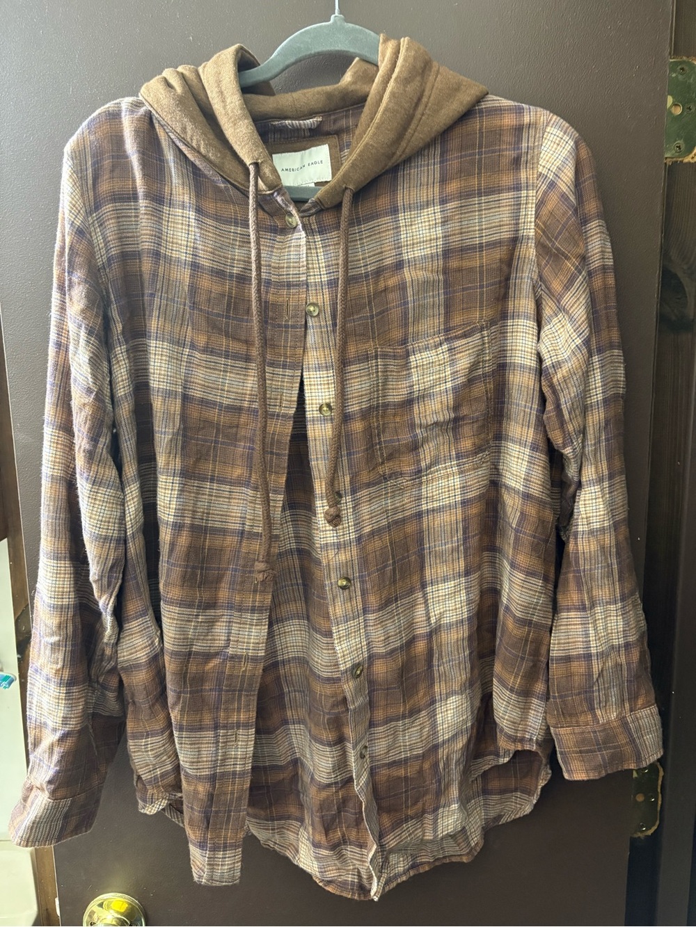 American Eagle Outfitters Brown Plaid Hooded Flannel Shirt